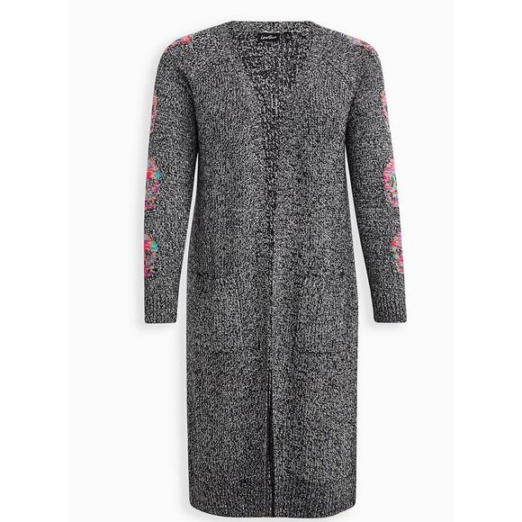 Torrid Lovesick Cardigan Sweater Duster Long Plus Size 3X Skull Space Dye Gray - Picture 2 of 7
